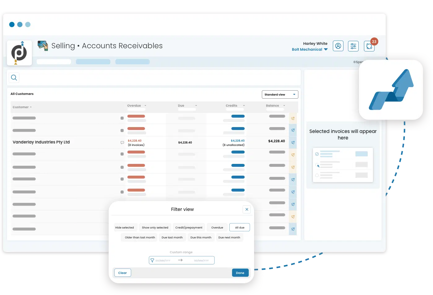 Spenda screen showing accounts receivable